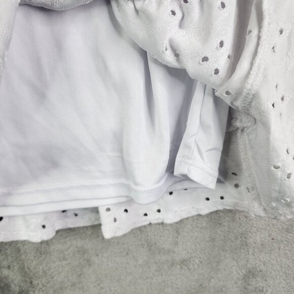 Junior's White Almost Famous Eyelet Mini Dress Ruched Short Sleeves Lined L - Picture 6 of 11